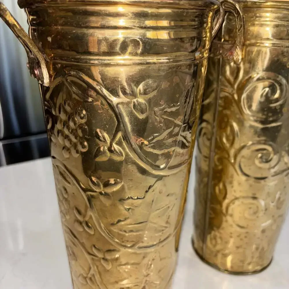 Vintage Hosley French Brass Bucket Planter Vases with Embossed Floral/Grapevine
